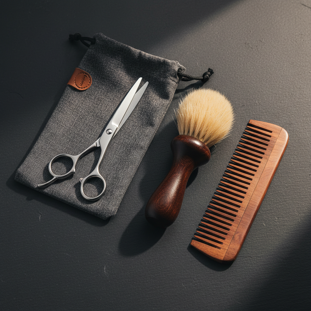 Premium three-piece beard grooming kit with wooden comb, natural bristle brush, scissors and travel pouch